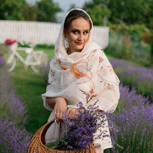 Ivory Linen Embroidered Scarf with Autumn Leaves – Lightweight Floral Shawl Wrap for Women, Modest Head Covering for Prayer or Fall