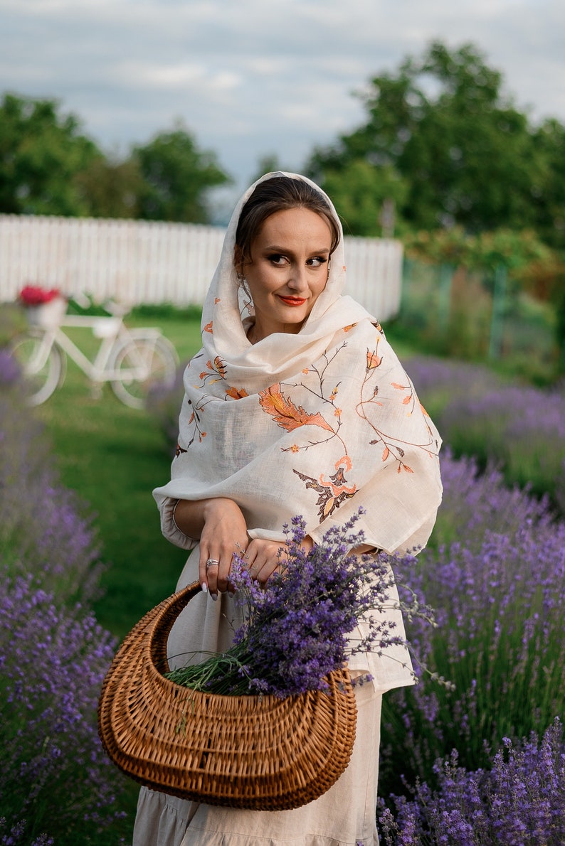 Ivory Linen Embroidered Scarf with Autumn Leaves – Lightweight Floral Shawl Wrap for Women, Modest Head Covering for Prayer or Fall