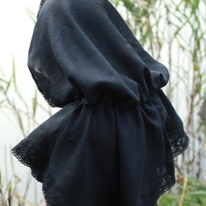 Black linen hooded capelet with lace trim, Victorian cottagecore hood shawl, Modest head covering, Renaissance costume cloak wrap