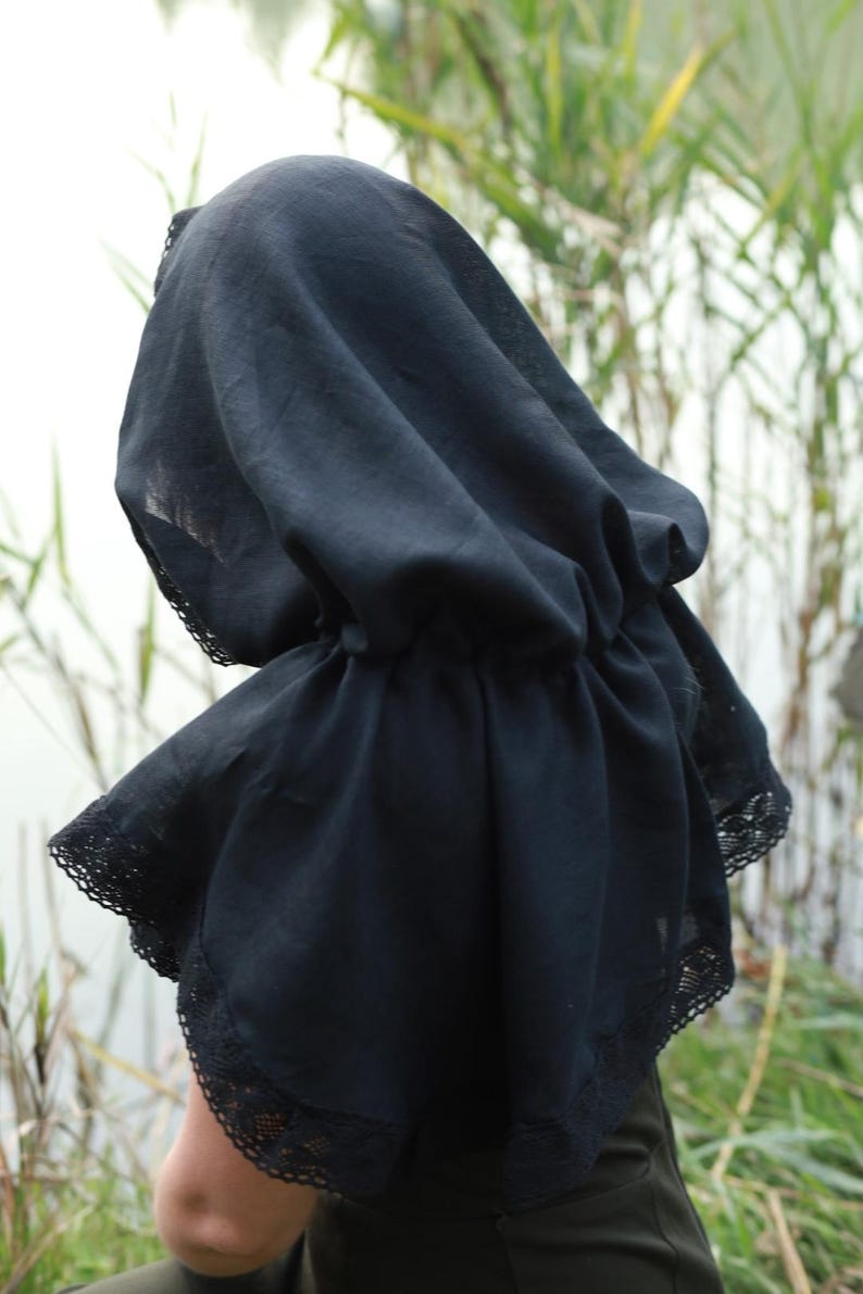 Black linen hooded capelet with lace trim, Victorian cottagecore hood shawl, Modest head covering, Renaissance costume cloak wrap