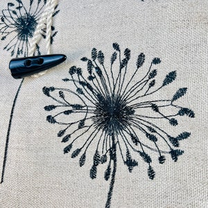 Beige Linen Tote Bag with Black Dandelion Embroidery, Zippered Lining and Toggle Closure, Large Reusable Shoulder Market Shopper Bag
