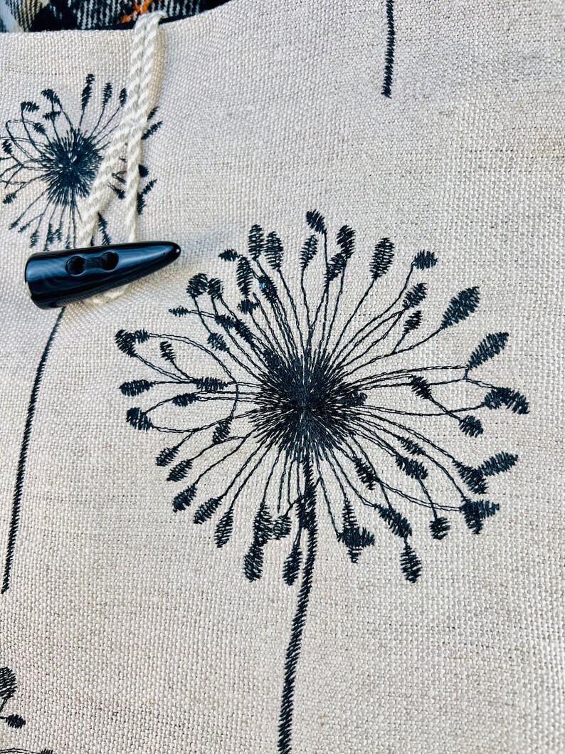 Beige Linen Tote Bag with Black Dandelion Embroidery, Zippered Lining and Toggle Closure, Large Reusable Shoulder Market Shopper Bag
