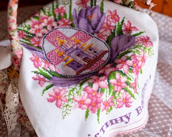 Handmade embroidered basket cover – Easter floral cross stitch with church and spring flowers, Perfect for holiday celebrations