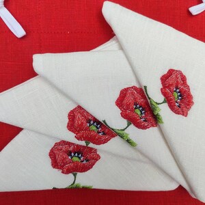 Set of embroidered linen napkins, Embroidered Poppies, Linen sugar bowl, Floral napkins, Size 40*40 cm, Botanical napkins set, White fabric image 6