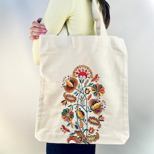 Embroidered Canvas Tote Bag with Folk Floral Design, Handmade Cotton Shopping Bag, Eco Friendly Everyday Tote