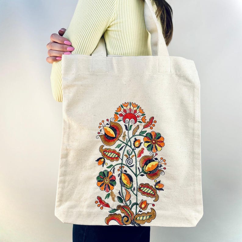 Embroidered Canvas Tote Bag with Folk Floral Design, Handmade Cotton Shopping Bag, Eco Friendly Everyday Tote