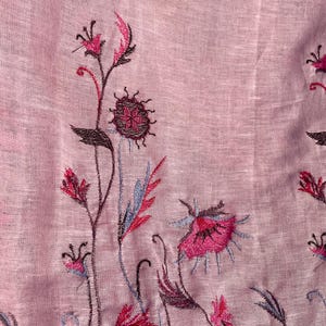 Pink linen embroidered scarf with wildflower pattern for women, lightweight floral head covering or shawl for spring and summer styling
