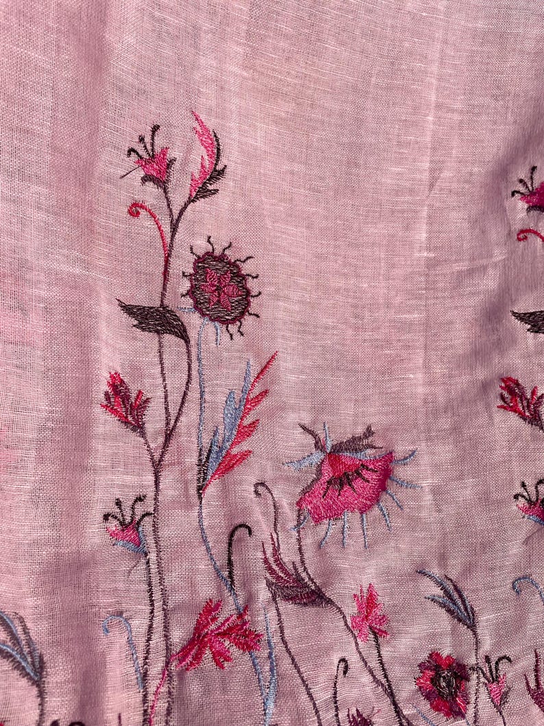 Pink linen embroidered scarf with wildflower pattern for women, lightweight floral head covering or shawl for spring and summer styling