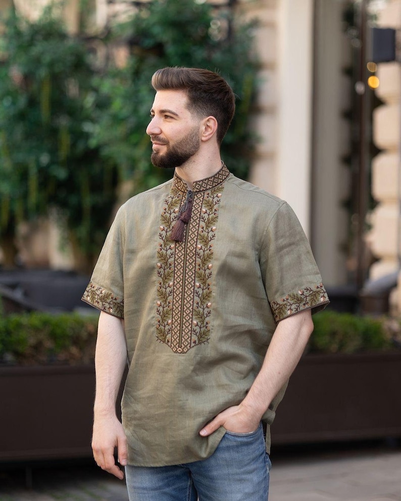 Men’s Olive Linen Vyshyvanka Shirt, Short Sleeve Ukrainian Embroidered Top with Stand Collar and Tassel Ties, Traditional Folk Gift
