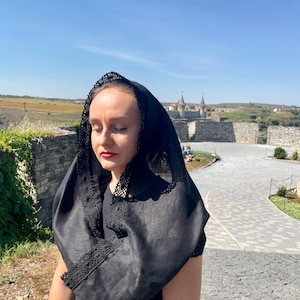 Black chapel veil mantilla snood with crochet lace trim, Modest head covering for orthodox church, Catholic mass, Funeral or prayer shawl