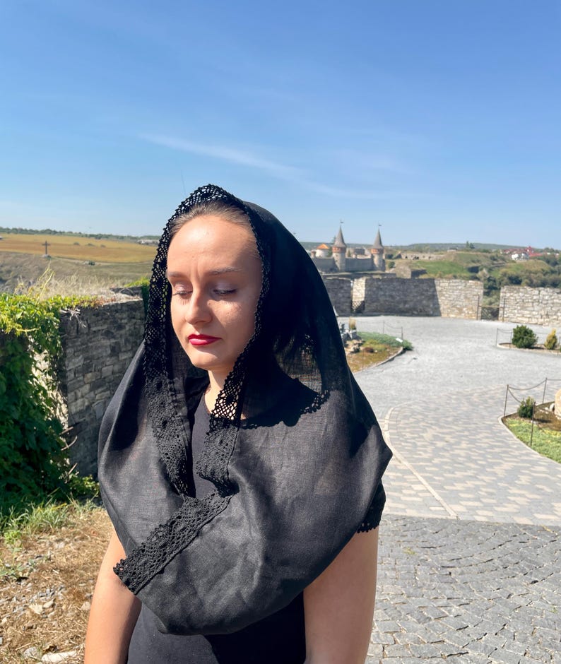 Black chapel veil mantilla snood with crochet lace trim, Modest head covering for orthodox church, Catholic mass, Funeral or prayer shawl