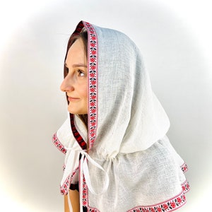 White Linen Hooded Chapel Veil with Ukrainian Red Black Floral Trim, Traditional Mantilla Head Covering with Ties for Church and Prayer