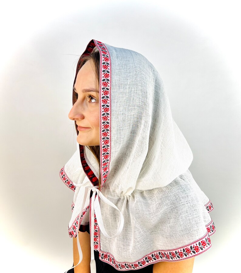 White Linen Hooded Chapel Veil with Ukrainian Red Black Floral Trim, Traditional Mantilla Head Covering with Ties for Church and Prayer