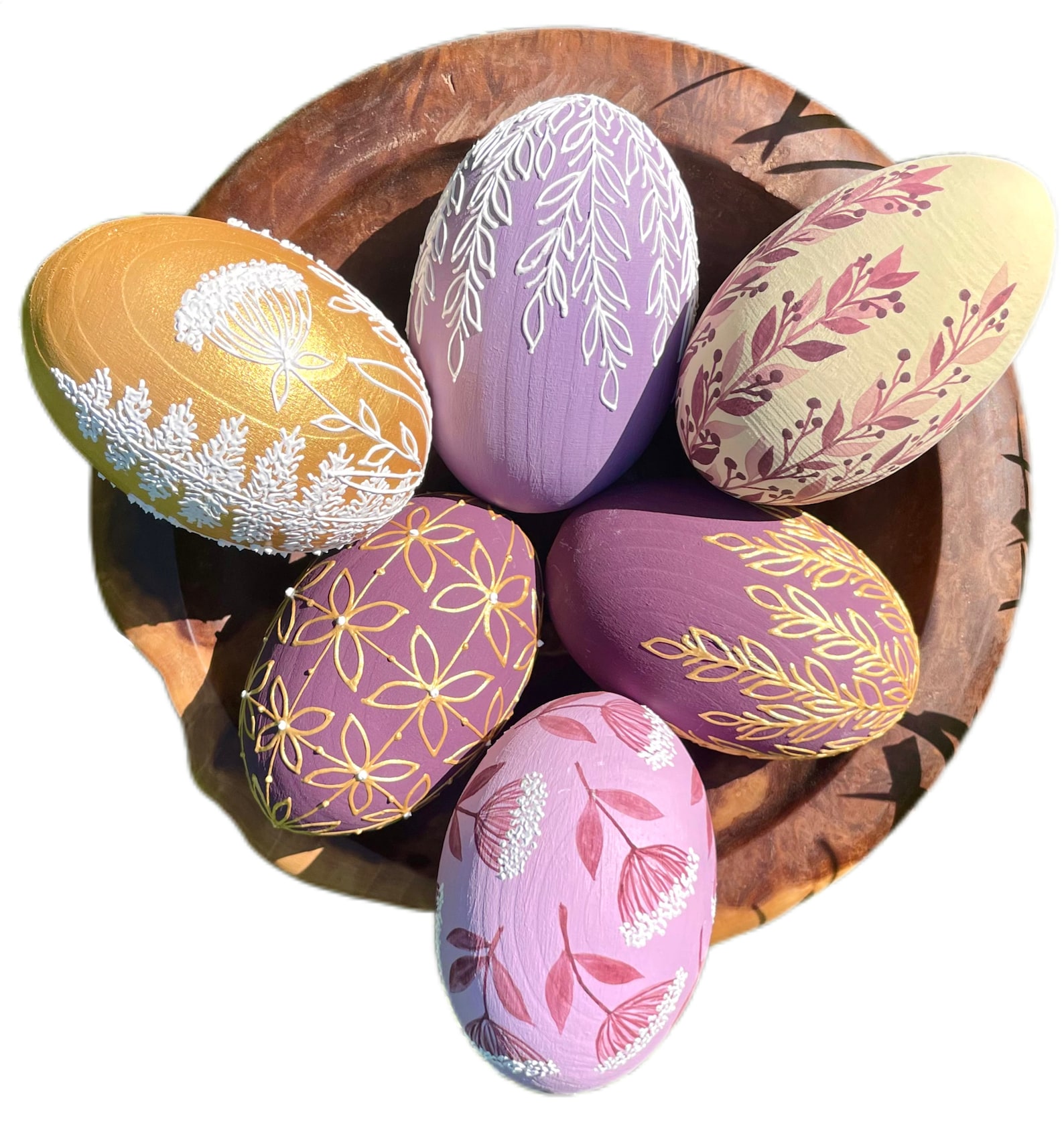 Hand-painted Wooden Easter Eggs Set, Floral Decorative Pysanky, Rustic