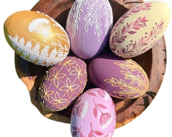 Hand-painted wooden Easter eggs set, Floral decorative pysanky, Rustic spring decor, Ukrainian inspired folk art eggs