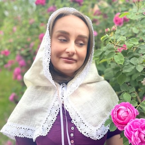 Handmade ivory linen chapel veil for women with crochet lace trim