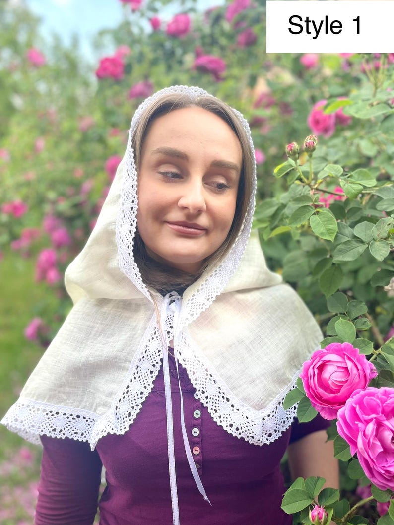Handmade ivory linen chapel veil for women with crochet lace trim