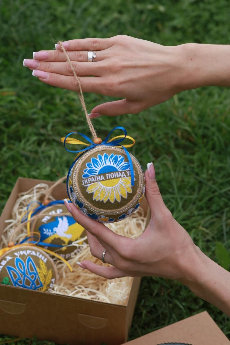 Ukrainian embroidered ornament set of 3, Blue yellow fabric ball baubles with jute hanger, Rustic gift box, Patriotic holiday decor