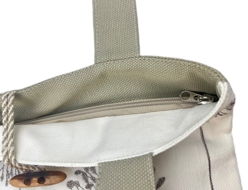 Linen tote bag with dandelion print and wooden button