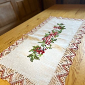 Linen Table Runner with Embroidered Red Berries and Crochet Lace