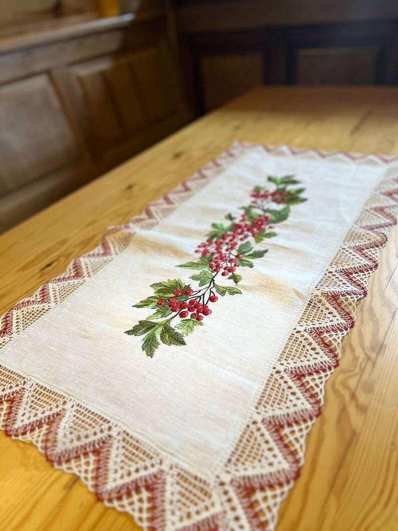 Linen Table Runner with Embroidered Red Berries and Crochet Lace