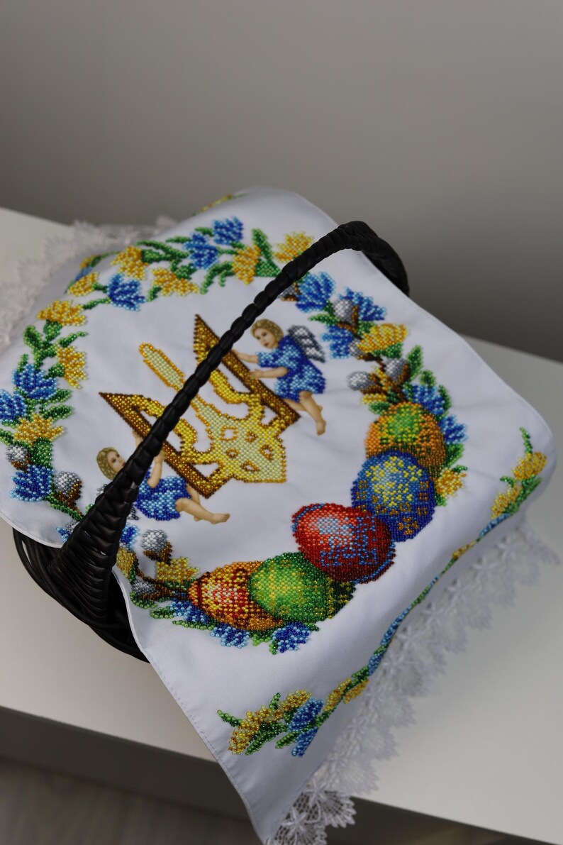 Ukrainian beaded Easter basket cover with trident & angels