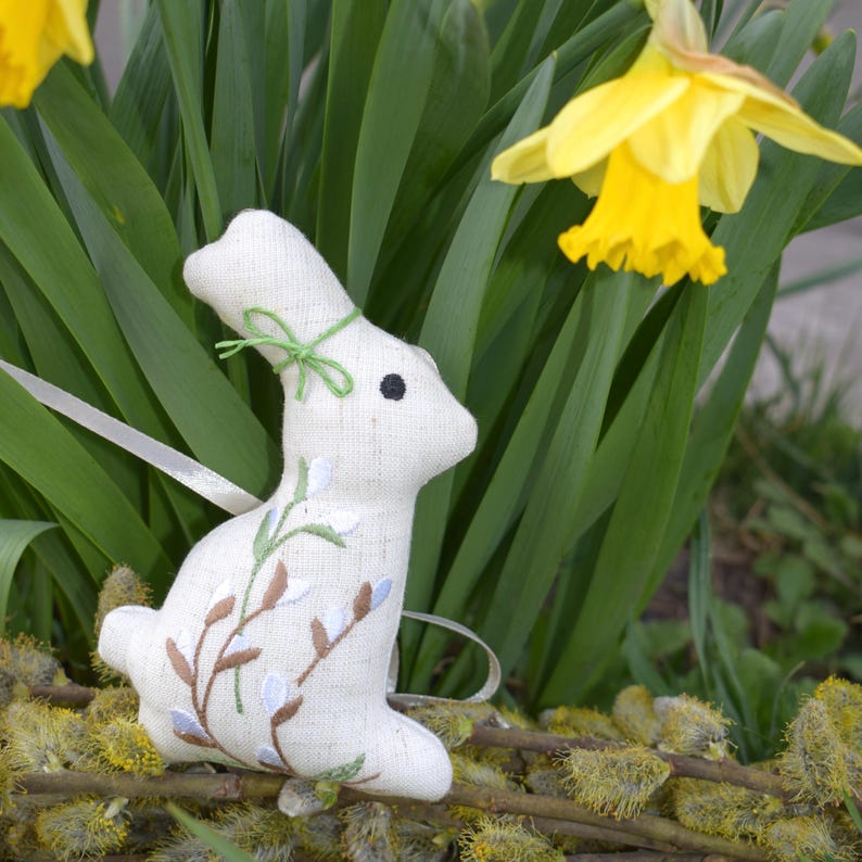 Handmade linen Easter bunny ornament with willow embroidery