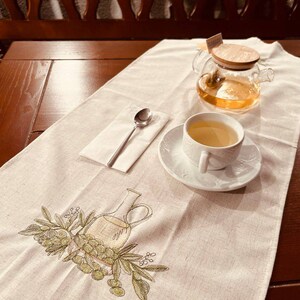Linen beige runner with greek embroidery, Italian linen table runner with olives, Housewarming gift, Dining runner, Easter table runner image 3