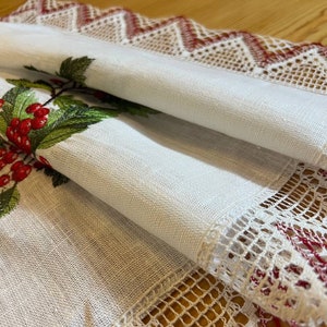 Linen Table Runner with Embroidered Red Berries and Crochet Lace