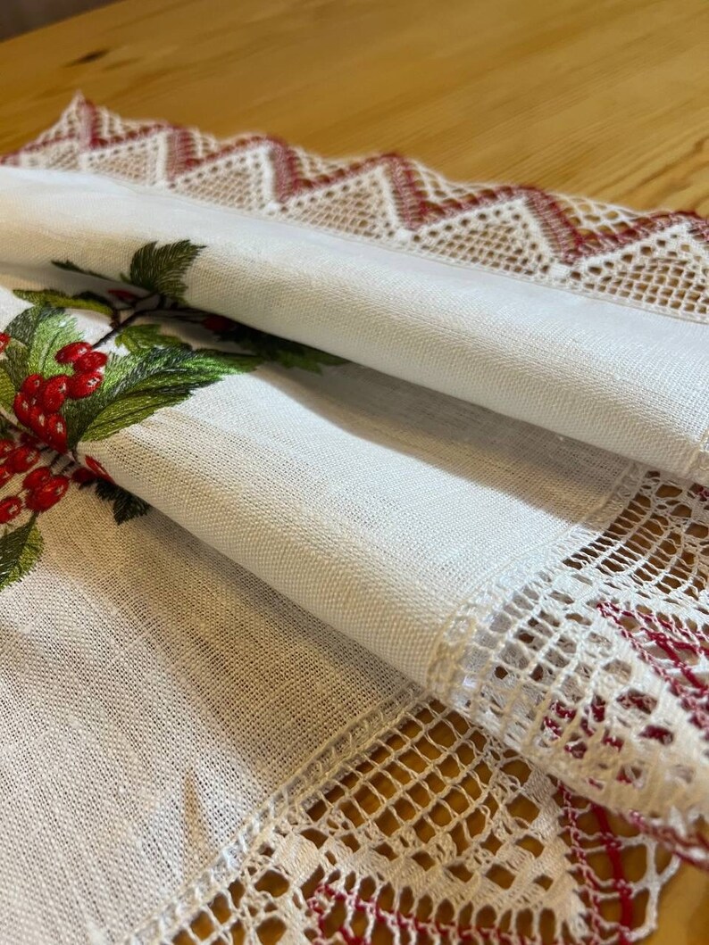 Linen Table Runner with Embroidered Red Berries and Crochet Lace