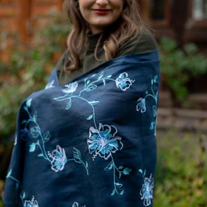 Floral embroidered linen scarf shawl wrap