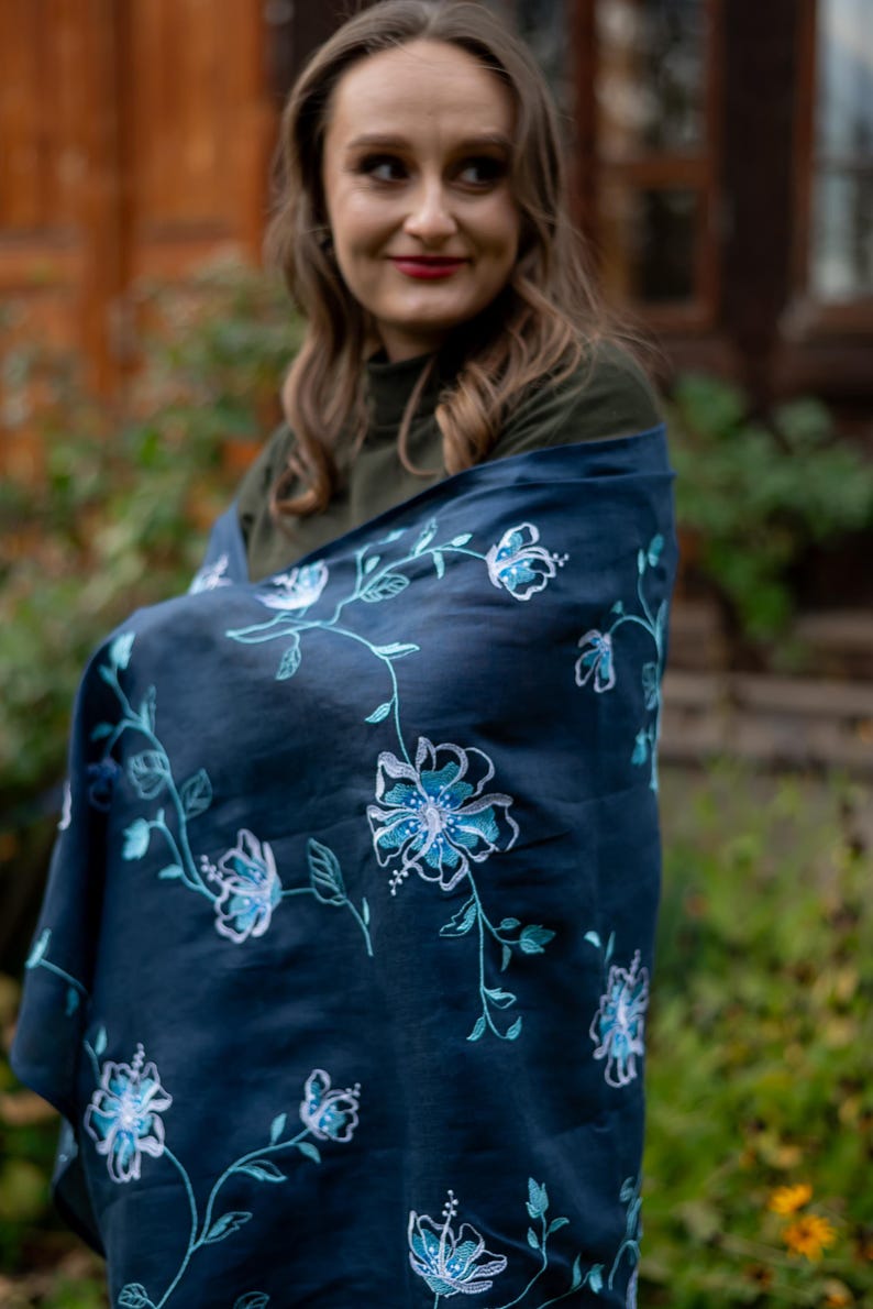 Floral embroidered linen scarf shawl wrap