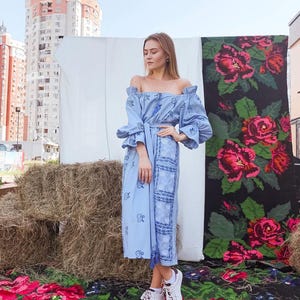 Light blue embroidered linen dress
