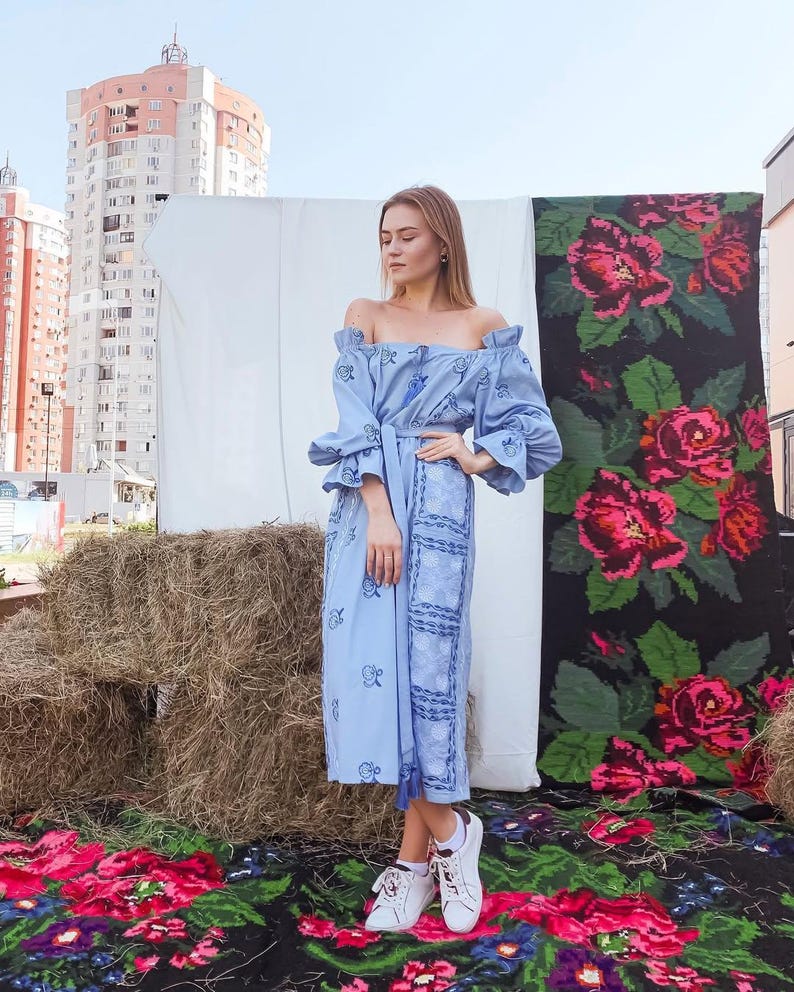 Light blue embroidered linen dress
