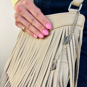 Boho crossbody bag with fringe, Fringe leather purse, Hippie bag, Canvas leather bag with zipper, Mini crossbody bag, Beige handbag Beige