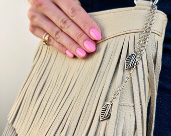 Boho crossbody bag with fringe, Fringe leather purse, Hippie bag, Canvas leather bag with zipper, Mini crossbody bag, Beige handbag