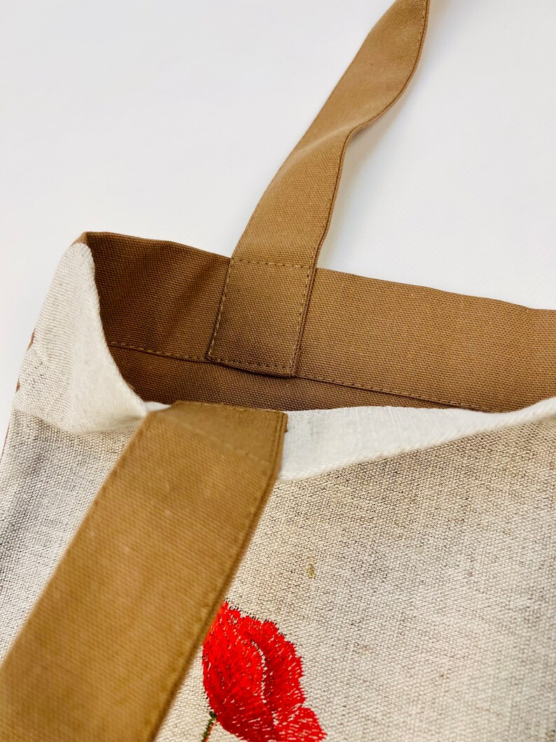 Embroidered Linen Tote Bag with Red Poppies, Symbolic Floral Shoulder Bag, Eco Fabric Shopping Bag, Handmade Textile Accessory
