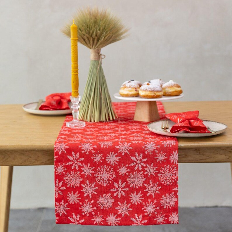 Red cotton Christmas table runner with white snowflakes ,Festive holiday table decor and kitchen centerpiece accent for winter parties