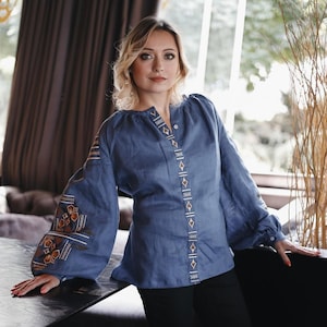 Blue Linen Embroidered Blouse for Women with Traditional Folk Pattern – Handmade Ethnic Shirt with Long Sleeves and Elegant Ukrainian Style