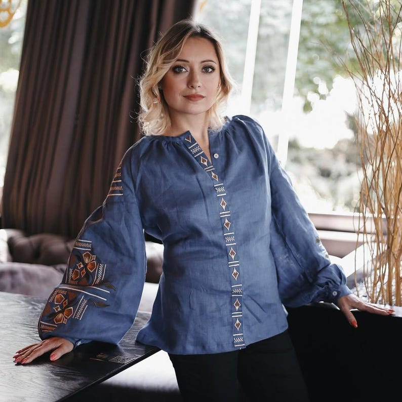 Blue Linen Embroidered Blouse for Women with Traditional Folk Pattern – Handmade Ethnic Shirt with Long Sleeves and Elegant Ukrainian Style