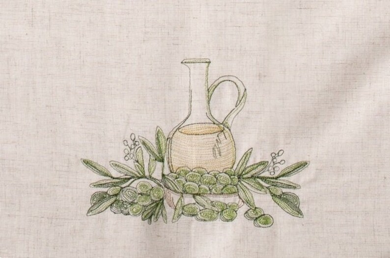 May include: A hand-drawn illustration of a glass olive oil bottle with a spout and a handle, surrounded by green olive branches and olives.