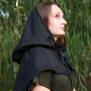 Victorian capelet black linen hooded lace trim shawl with ribbon tie, Modest church veil cowl, Gothic cloak style cover for weddings prayer