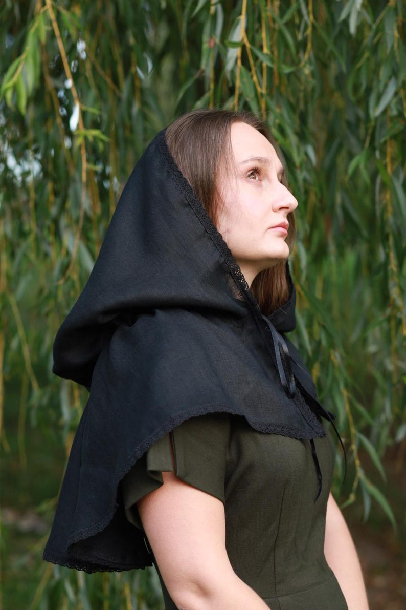 Victorian capelet black linen hooded lace trim shawl with ribbon tie, Modest church veil cowl, Gothic cloak style cover for weddings prayer