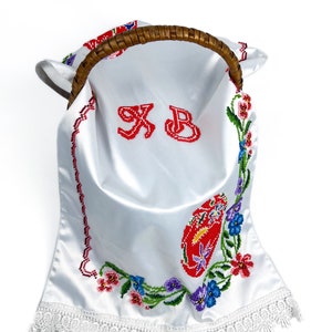 Beaded Satin Easter Basket Cover with Floral Embroidery and Red Pysanka Design, Handcrafted Christian Holiday Decor with Cyrillic Letters