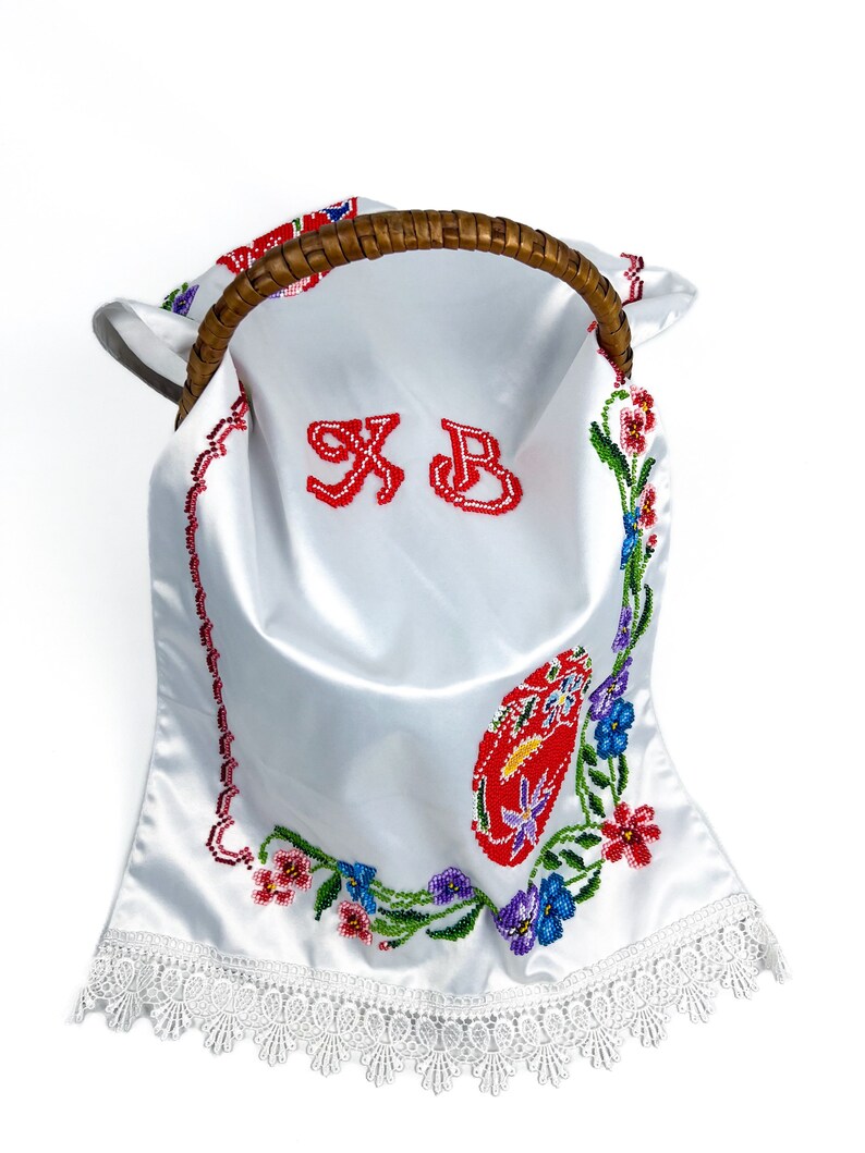 Beaded Satin Easter Basket Cover with Floral Embroidery and Red Pysanka Design, Handcrafted Christian Holiday Decor with Cyrillic Letters