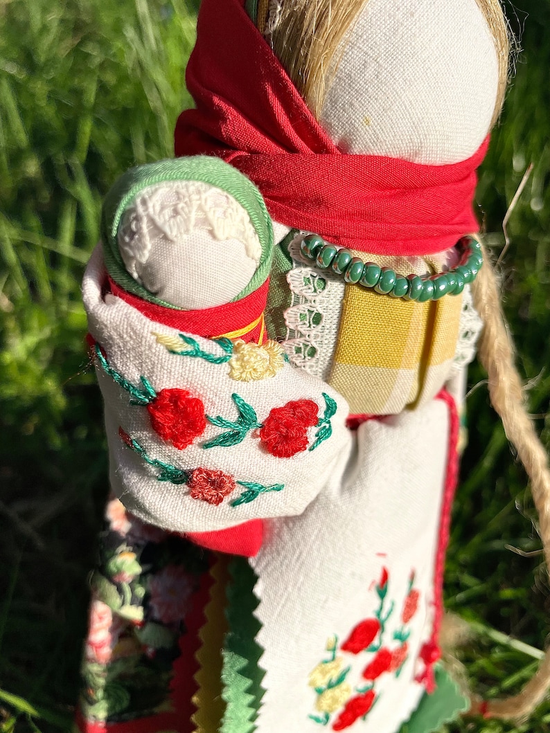 Handmade Slavic Folk Doll Mother with Baby – Traditional Motanka Style Fabric Doll with Embroidery, Symbolic Rustic Home Decor Gift