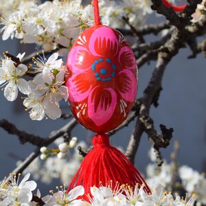 Vibrant wooden Easter egg ornaments with tassels