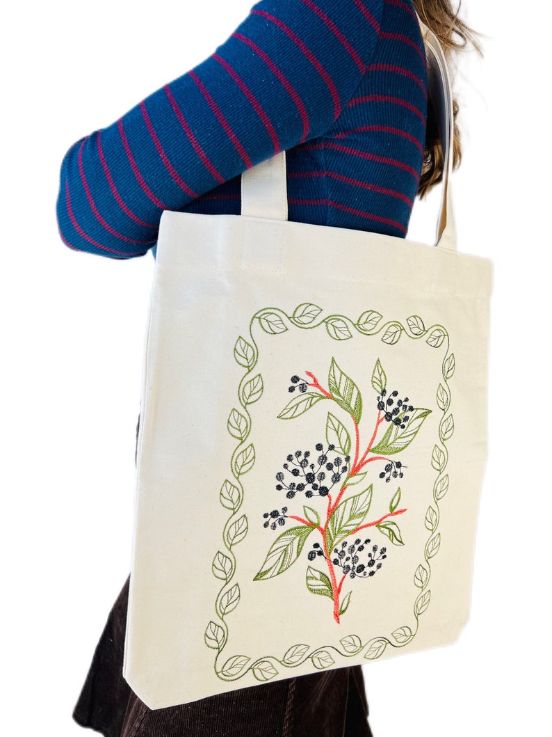 Cotton bag with blooming elderberry embroidery, Eco shopping bag, Beige tote bag, Cotton embroidery shoulder bag, Boho tote bag, Hippie bag imagen 1
