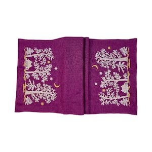 Magenta Linen Table Runner with Winter Cottage Moon Embroidery, Christmas Table Center Topper, Handmade Holiday Dining Decor Gift Accent