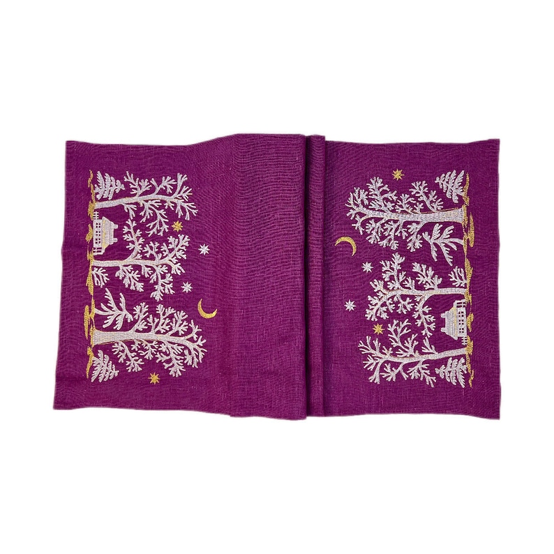 Magenta Linen Table Runner with Winter Cottage Moon Embroidery, Christmas Table Center Topper, Handmade Holiday Dining Decor Gift Accent